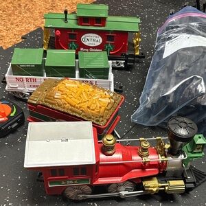 Festive Red and Green Toy Train Set Merry Christmas with tracks